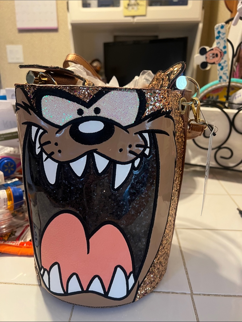 Danielle Nicole Taz Character Glitter Bucket Crossbody - Brown/Black/Pink